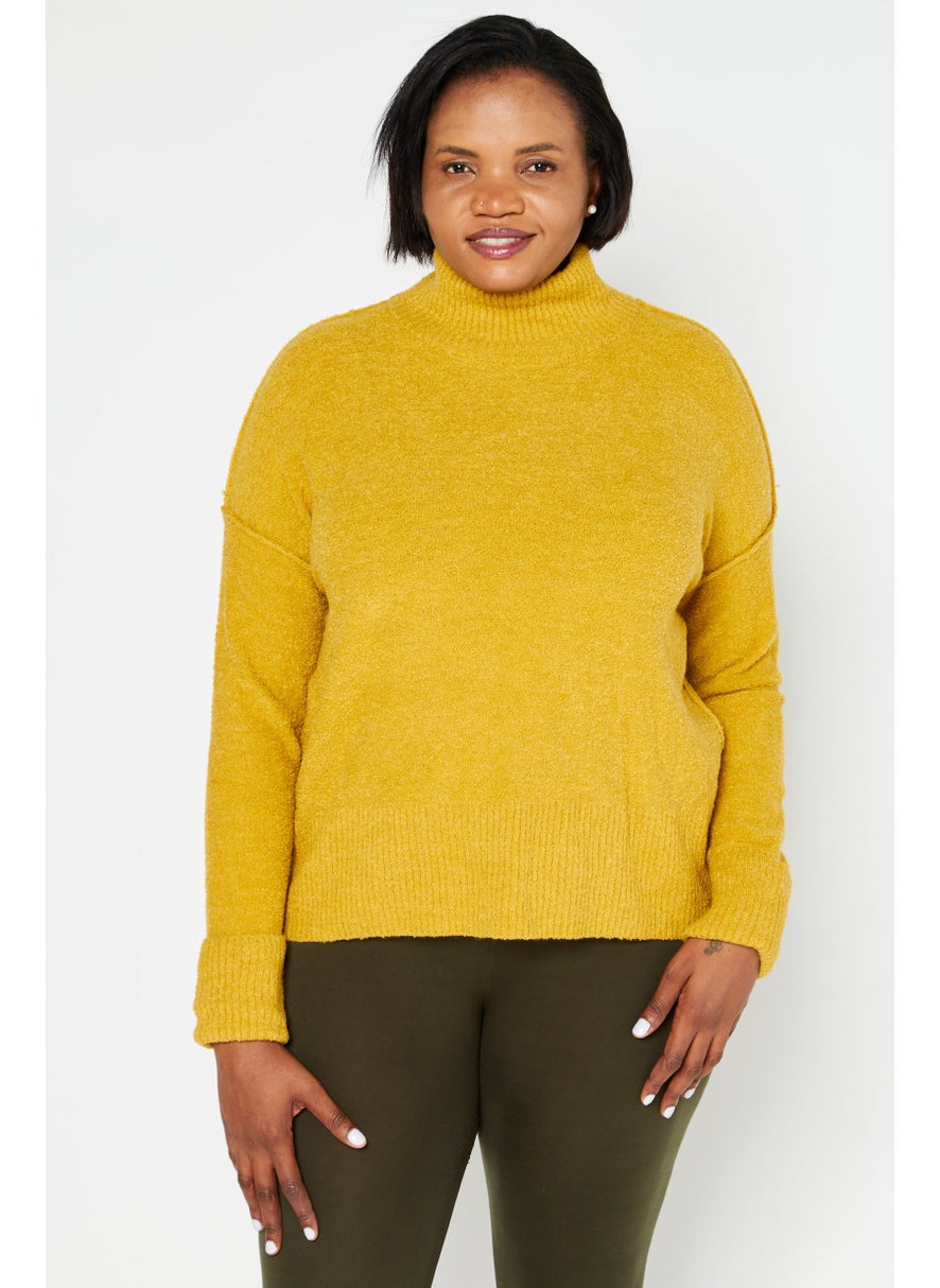 Women High Neck Knitted Sweater, Gold