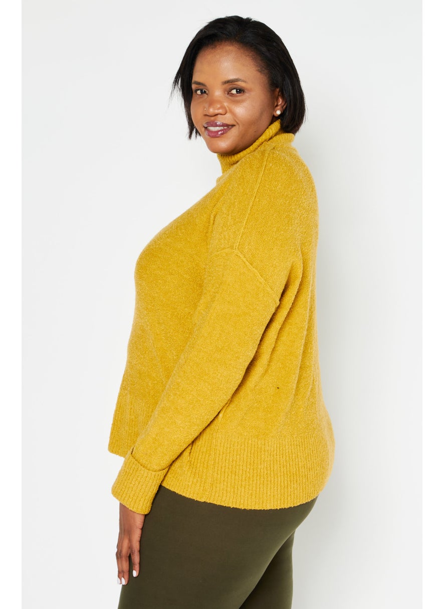 Women High Neck Knitted Sweater, Gold