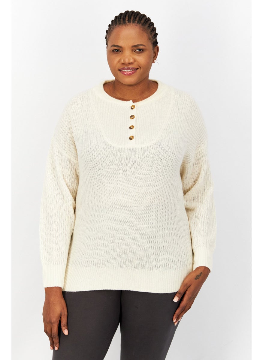 Women Round Neck Textured Sweater, Off White