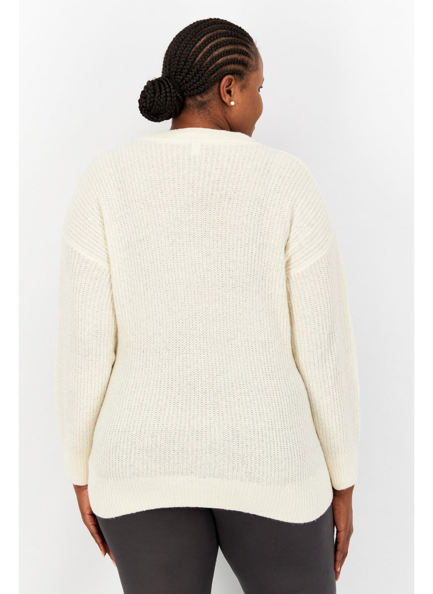 Women Round Neck Textured Sweater, Off White