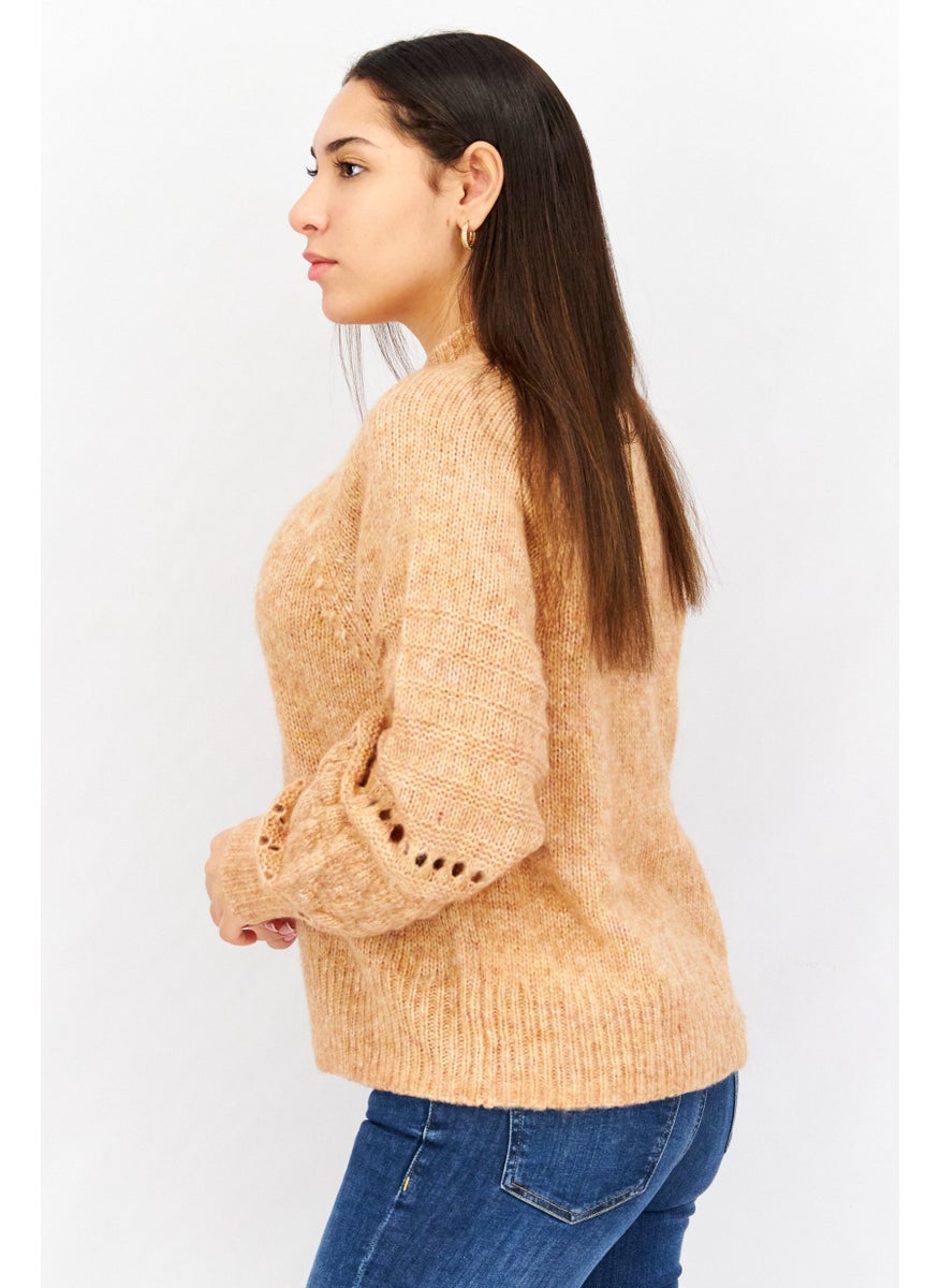 Women High Neck Long Sleeve Textured Sweater, Tan