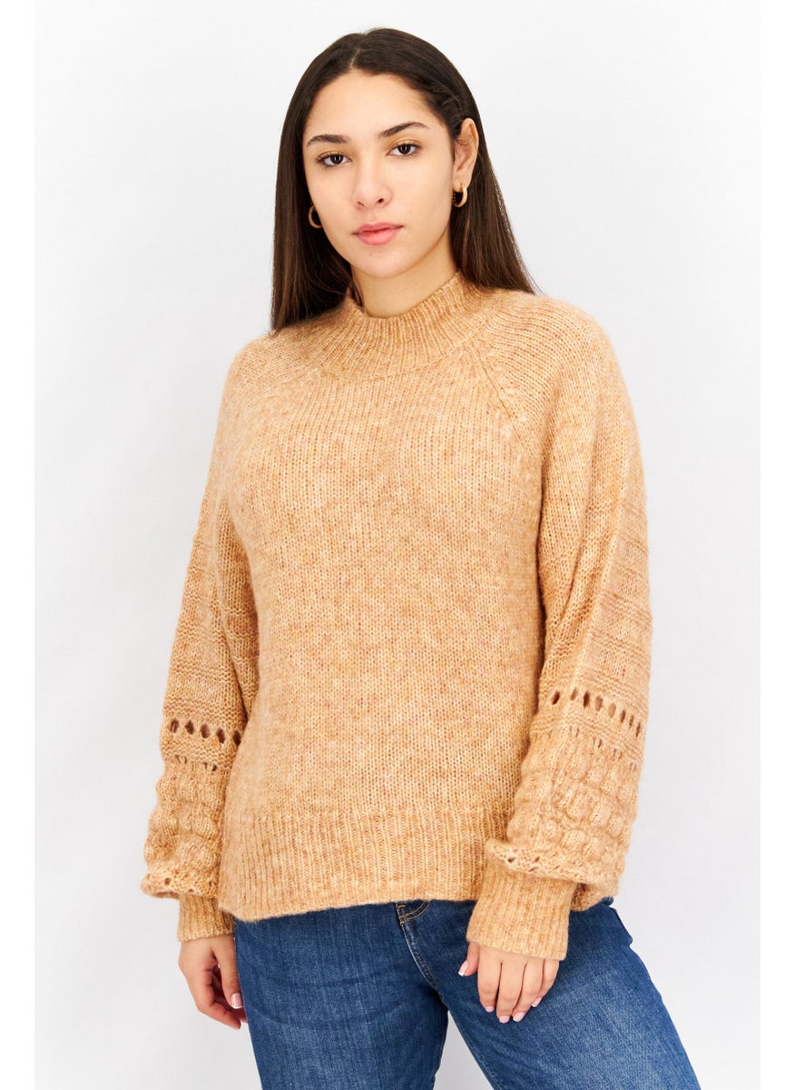 Women High Neck Long Sleeve Textured Sweater, Tan