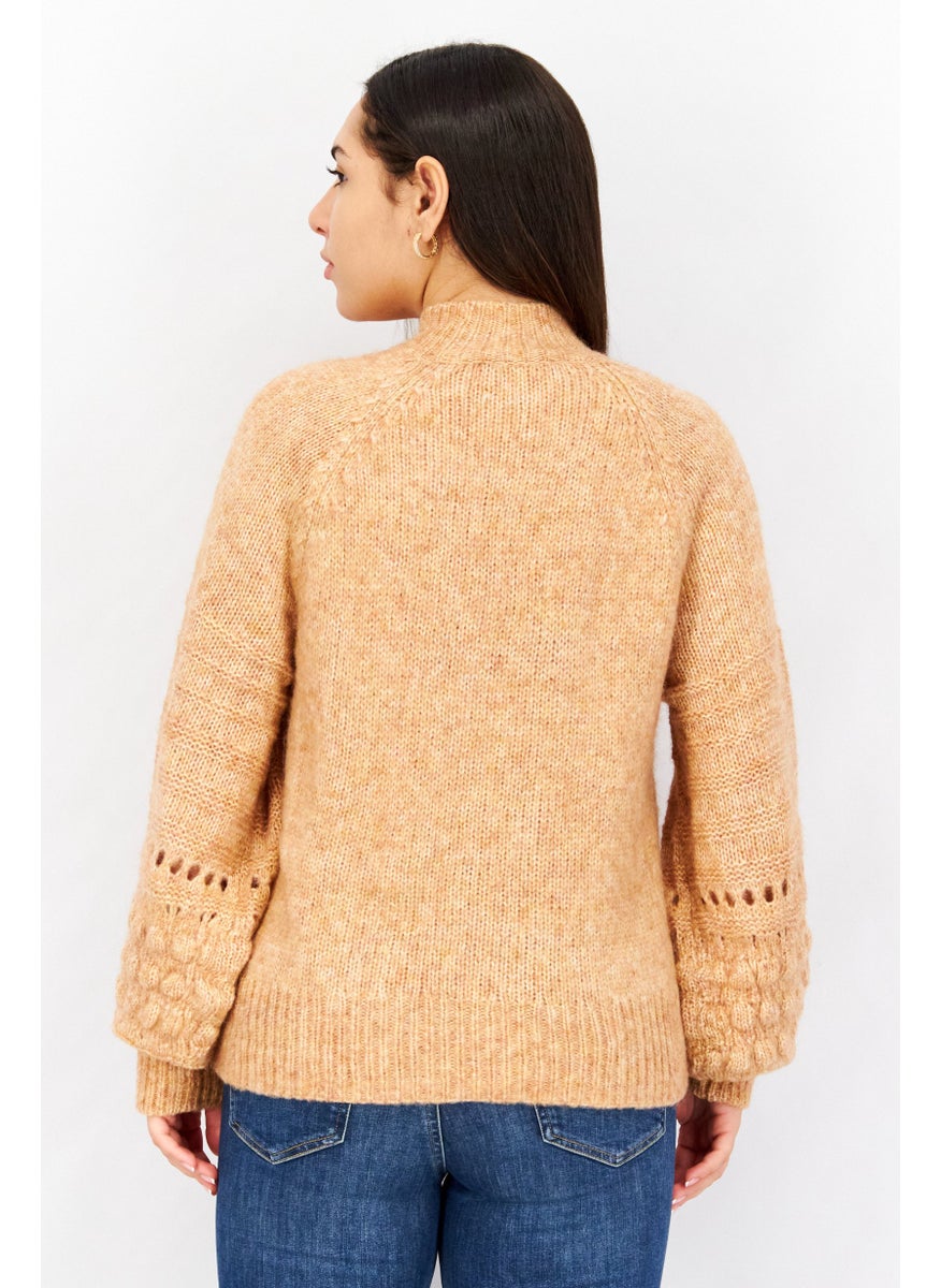 Women High Neck Long Sleeve Textured Sweater, Tan