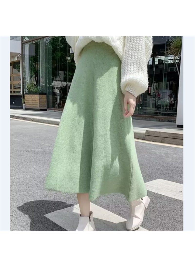 Knitted Midi Skirt A-Line Slimming Autumn Winter Green