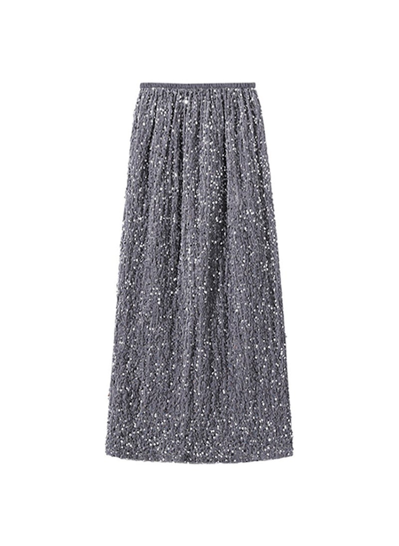 Luxurious Sequin Midi Skirt Women Split Hem Velvet Black