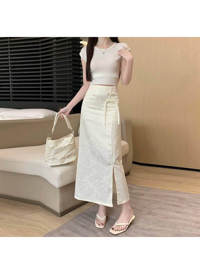 2024 Chinese Style Qipao Skirt Women Apricot