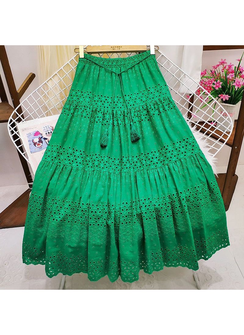 Korean Lace Midi Skirt Spring 2024 High Waist A-Line Green