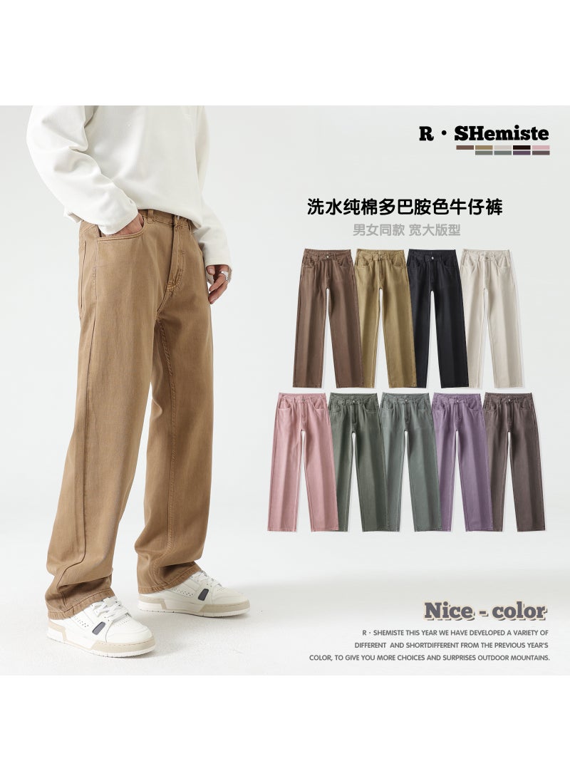 Retro Straight-leg Denim Jeans for Men Beige color