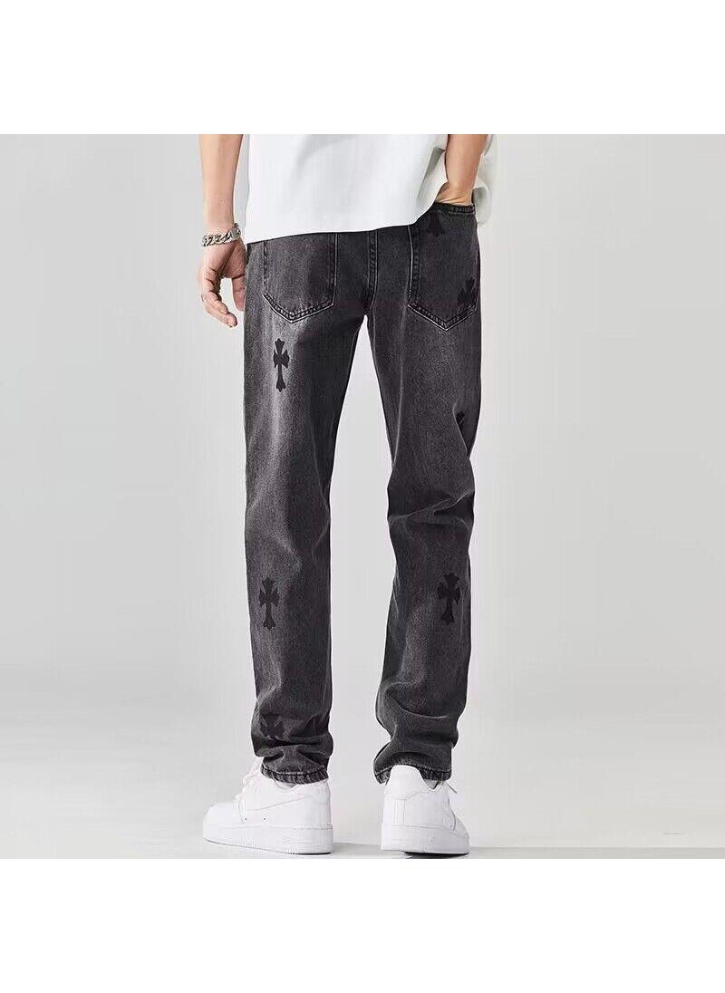 Euro-American Streetwear Washed Print Denim Mens Jeans Black