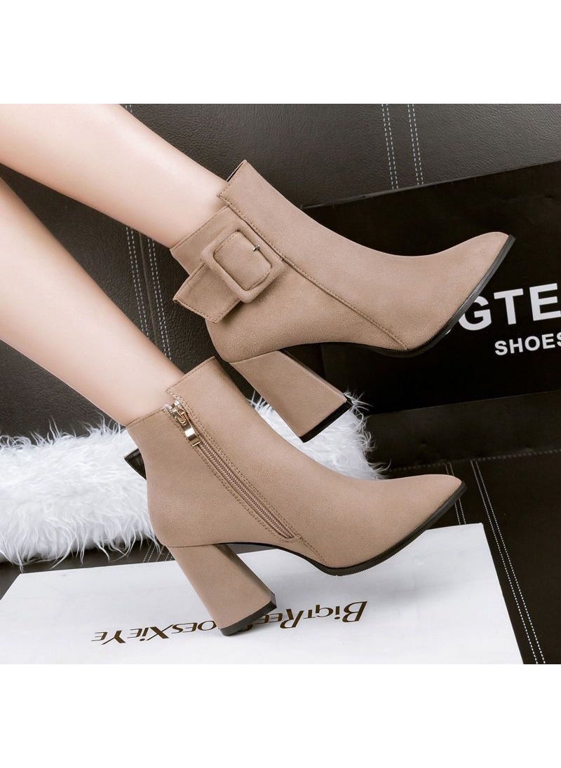 High heel Martin boots for women autumn and winter New French style popular chunky heel fleece-lined all-match short boots British style single bootsCreamy-white Creamy-white