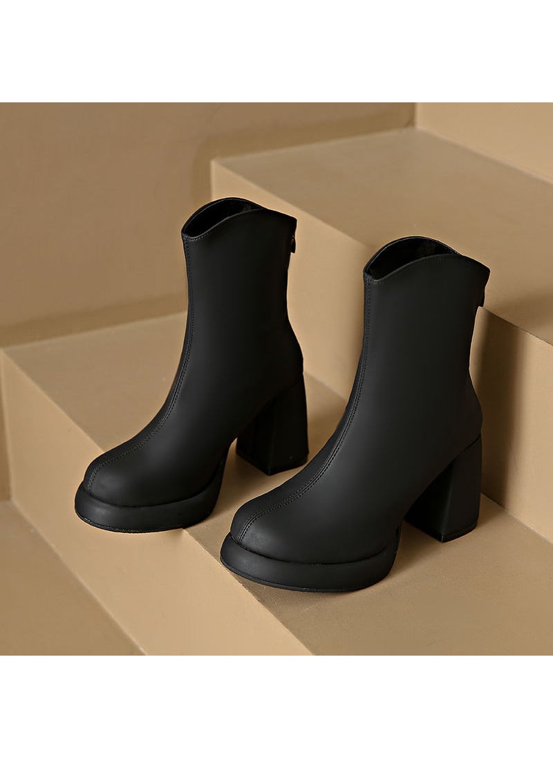 2023 Chunky Heel V-Cut White Ankle BootsBlack Black