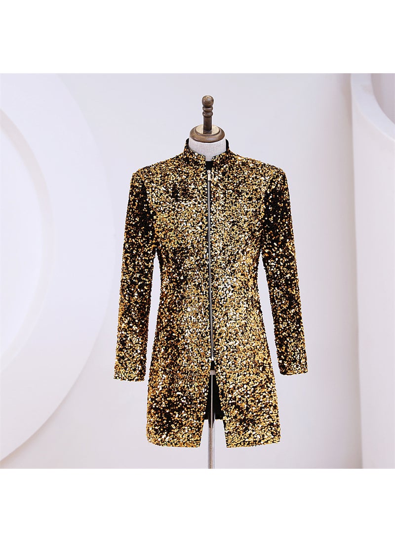 Mens Velvet Sequins Slim Suit Coat Cross Border Banquet Dress Studio Wedding Costume Dress Blazer Gold Gold