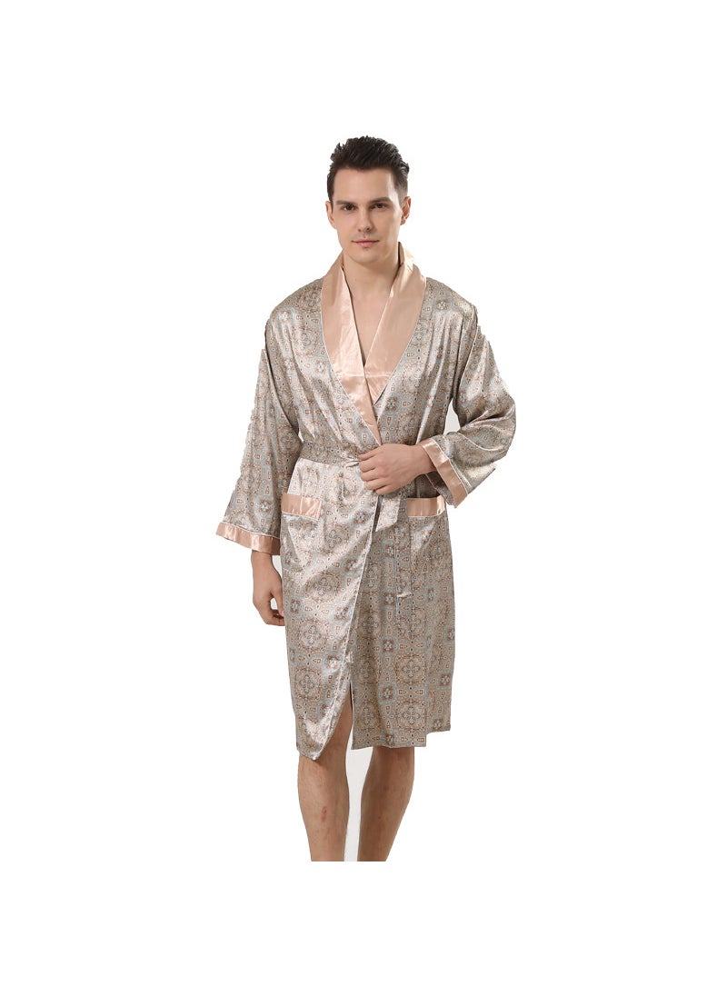 Mens one-piece silk nightgown summer thin artificial silk long-sleeved pajamas plus size bathrobe P801Khaki pattern-one-piece nightgown Khaki pattern-one-piece nightgown