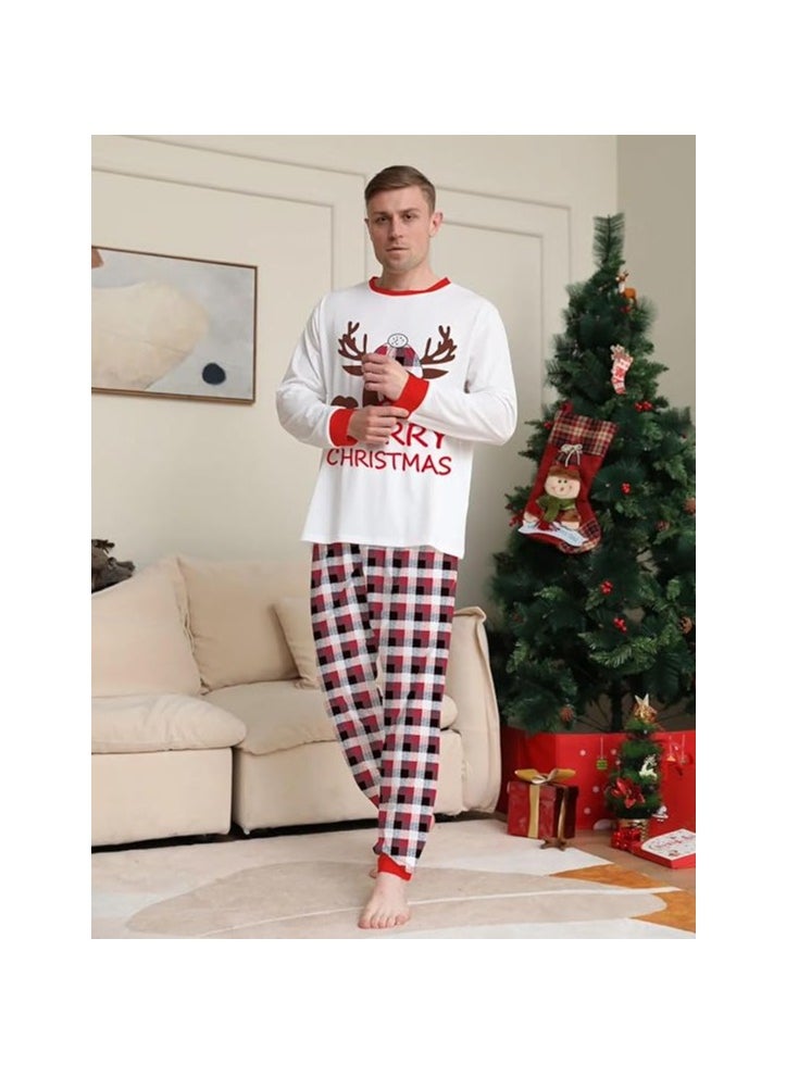 Merry Christmas Pajama Family Set | White T-shirt & Red Plaid Pants Sleepwear | Holiday PJs for Men | Festive Christmas Sleepwear for Christmas Morning & Relaxation