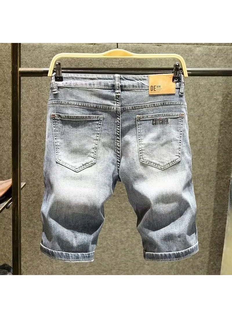 Summer Slim Denim Shorts Mens Stylish Mid-Length Light blue