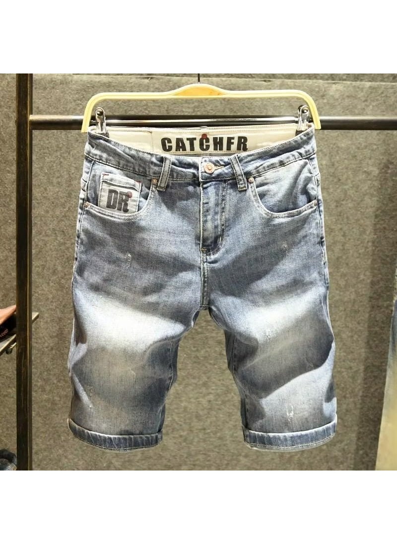 Summer Slim Denim Shorts Mens Stylish Mid-Length Light blue