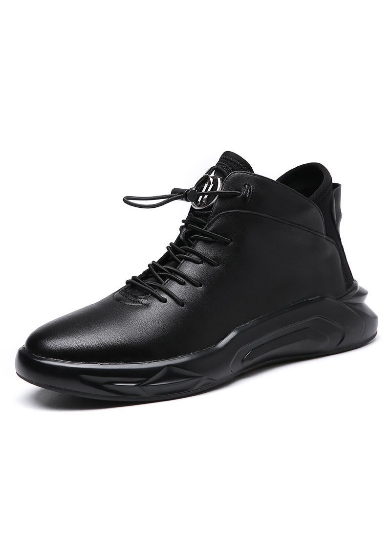 Genuine Leather Mens Casual Mid-Top BootsBlack Black