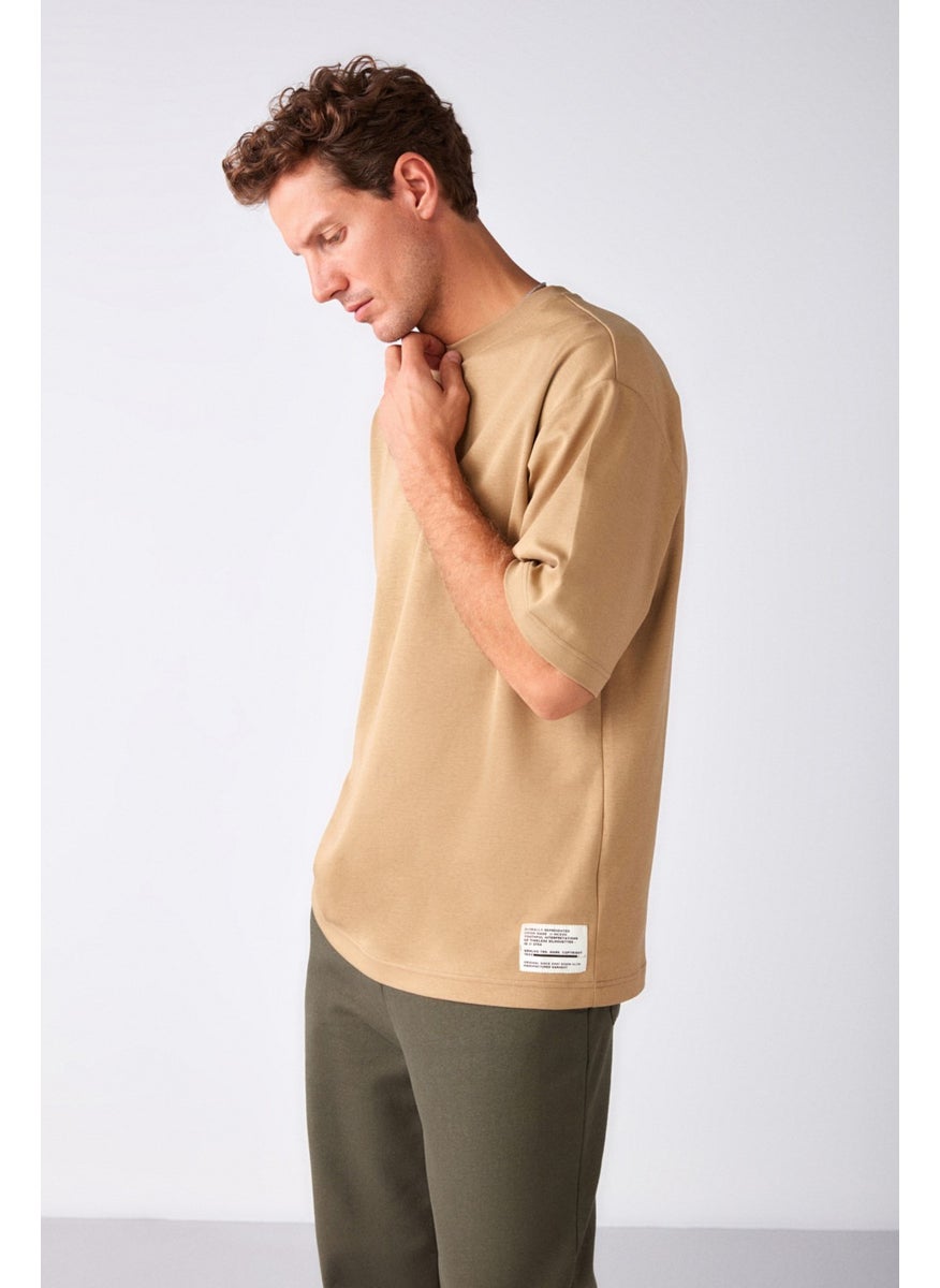 Joel Men's Oversize Fit Special Texture Thick Fabric Large Ornamental Label Beige T-Shirt