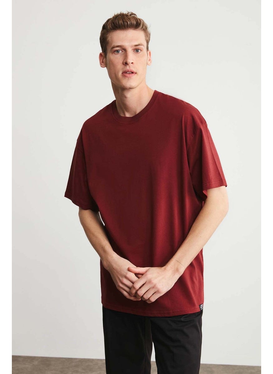 Jett Men's Oversize Fit Cotton Thick Textured Claret Red T-Shirt