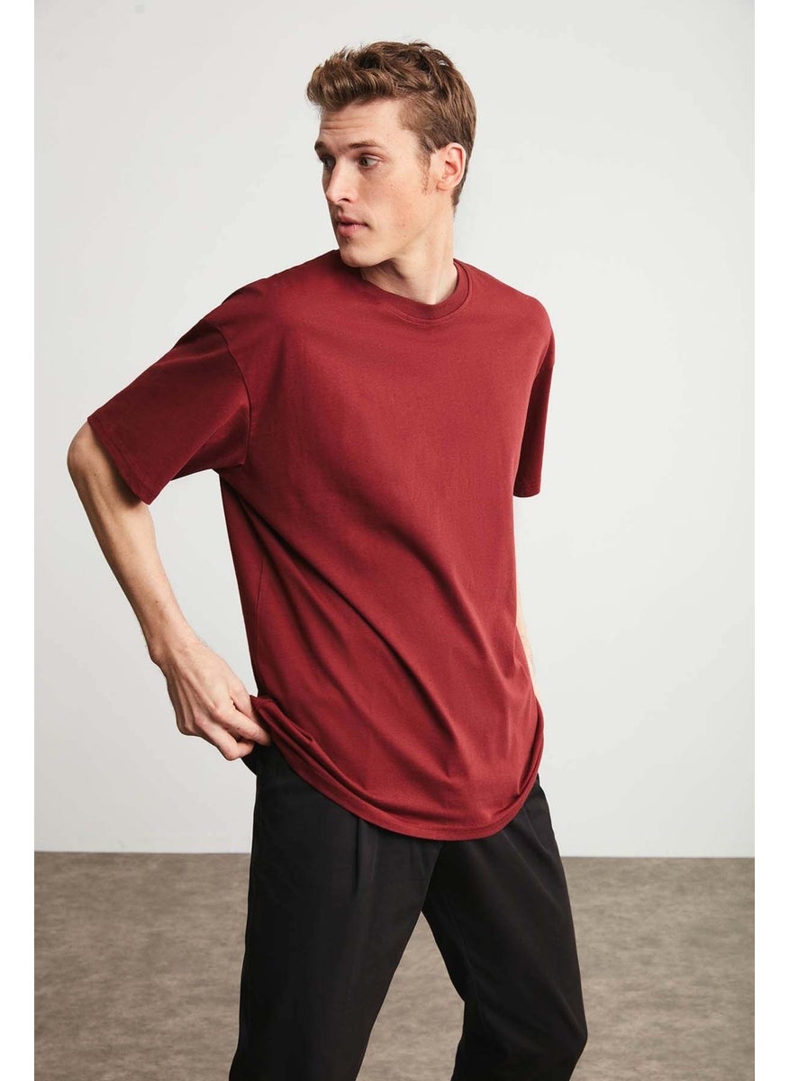 Jett Men's Oversize Fit Cotton Thick Textured Claret Red T-Shirt