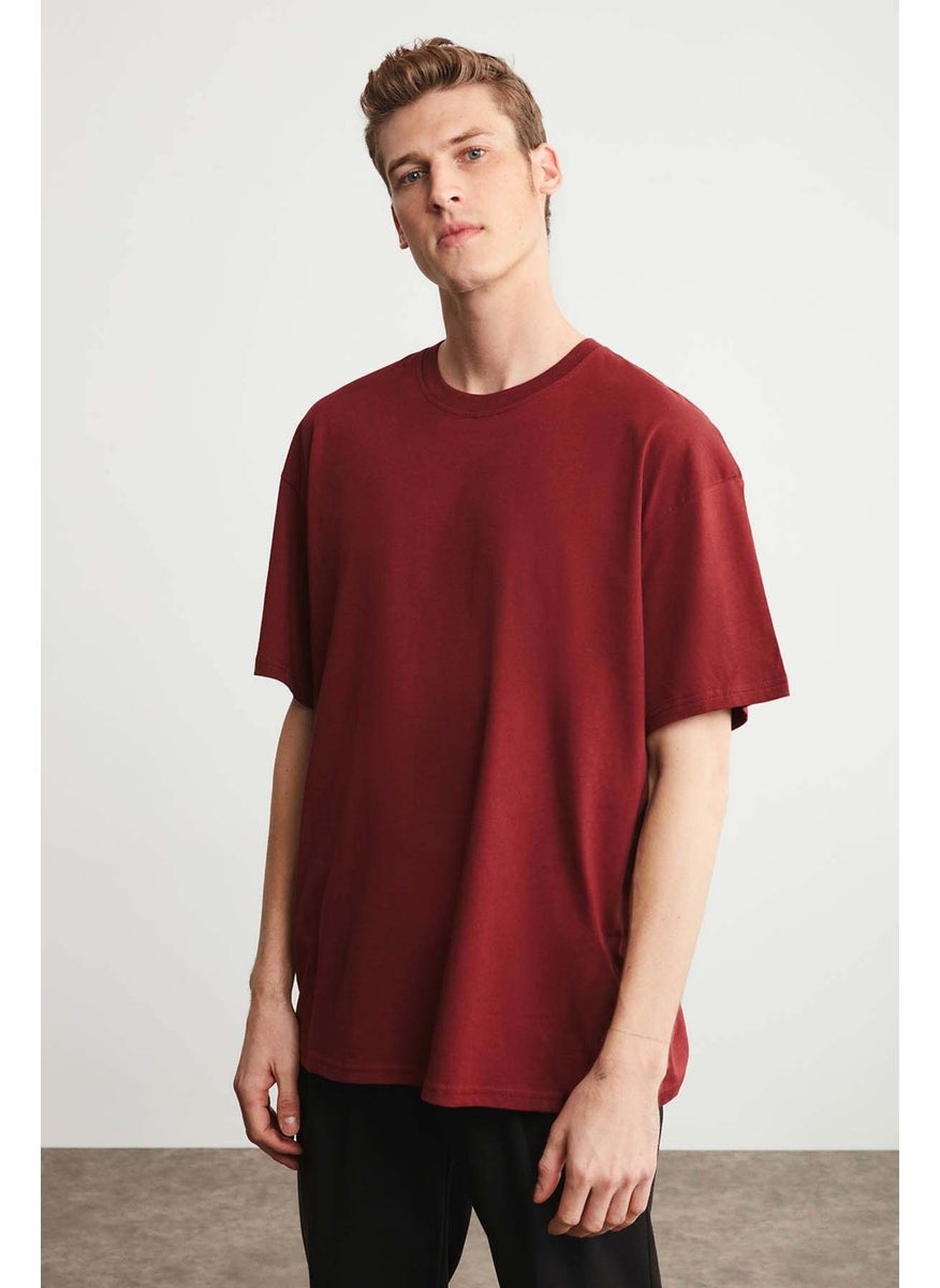 Jett Men's Oversize Fit Cotton Thick Textured Claret Red T-Shirt