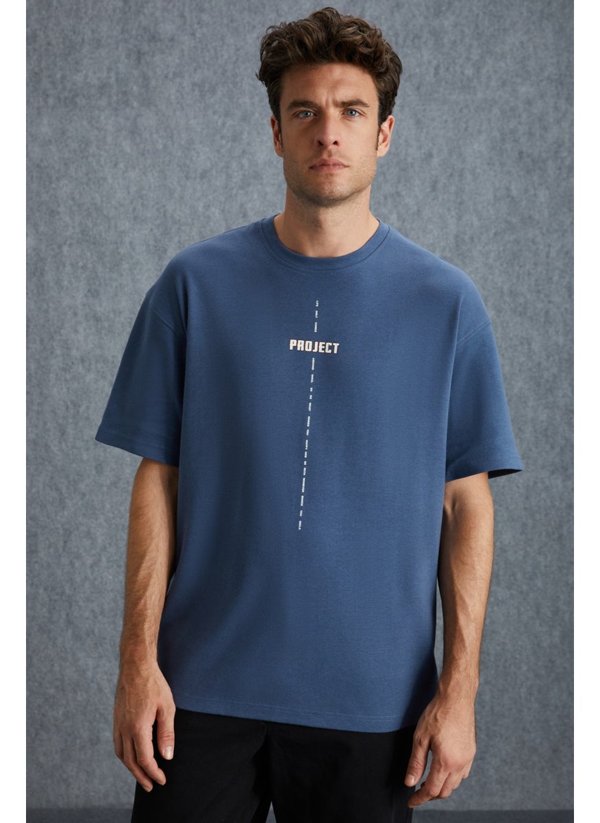 Project Men's Oversize Fit Thick Textured Fabric Blue T-Shirt