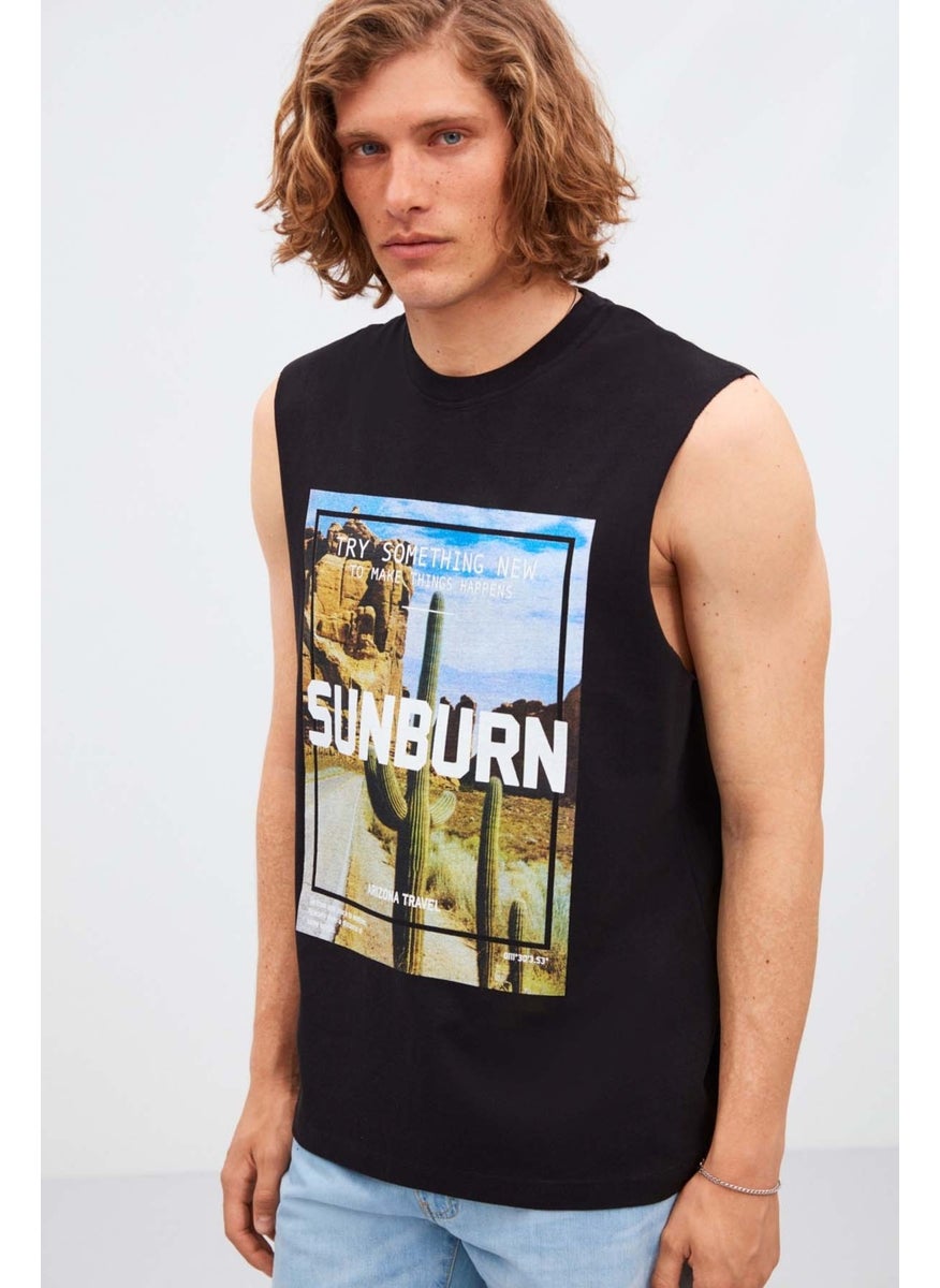 Sunburn Men's Wide Shoulder 100% Cotton Printed Black T-Shirt