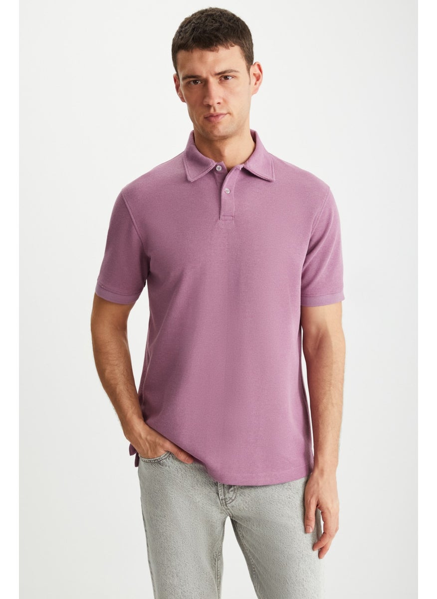 Laporte Men's Textured Fabric Slim Fit Plum Polo Neck T-Shirt