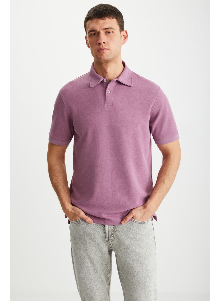 Laporte Men's Textured Fabric Slim Fit Plum Polo Neck T-Shirt