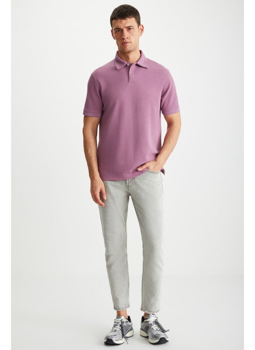 Laporte Men's Textured Fabric Slim Fit Plum Polo Neck T-Shirt