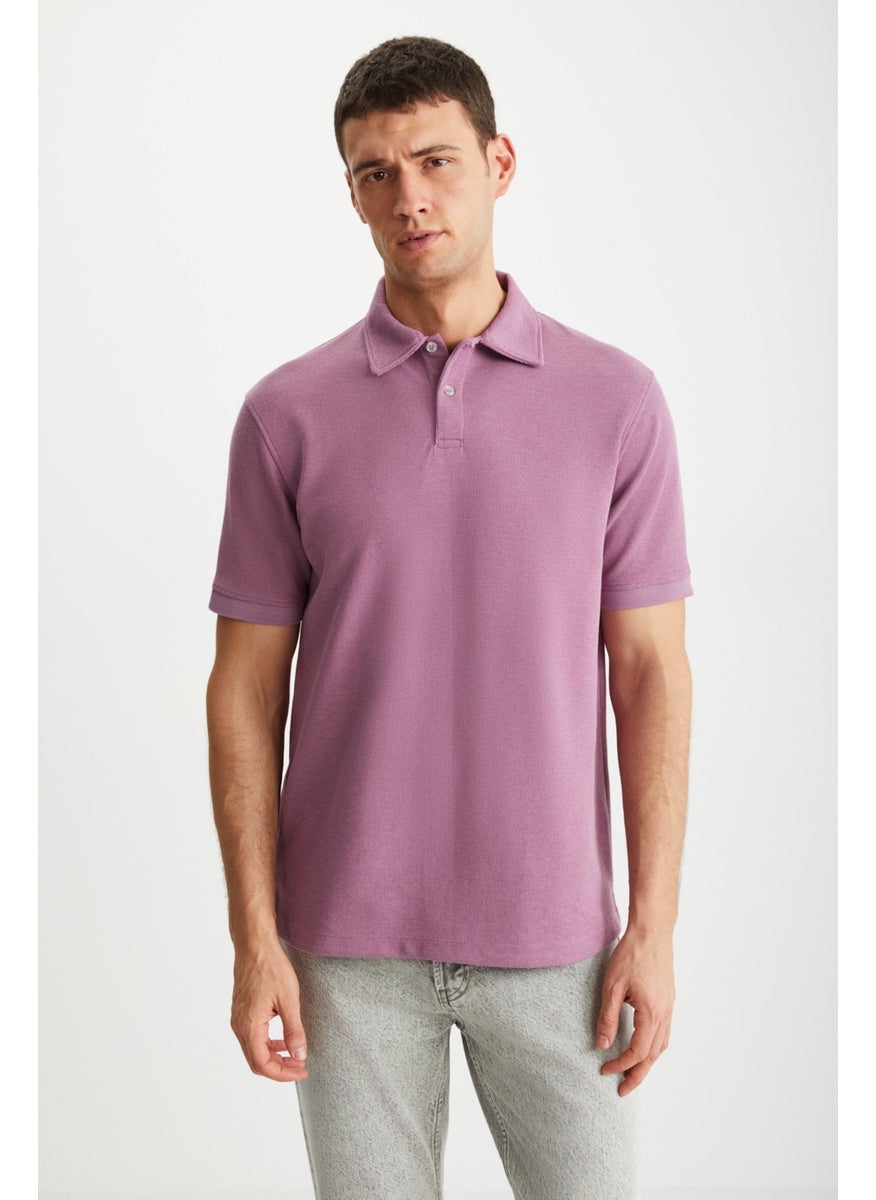 Laporte Men's Textured Fabric Slim Fit Plum Polo Neck T-Shirt