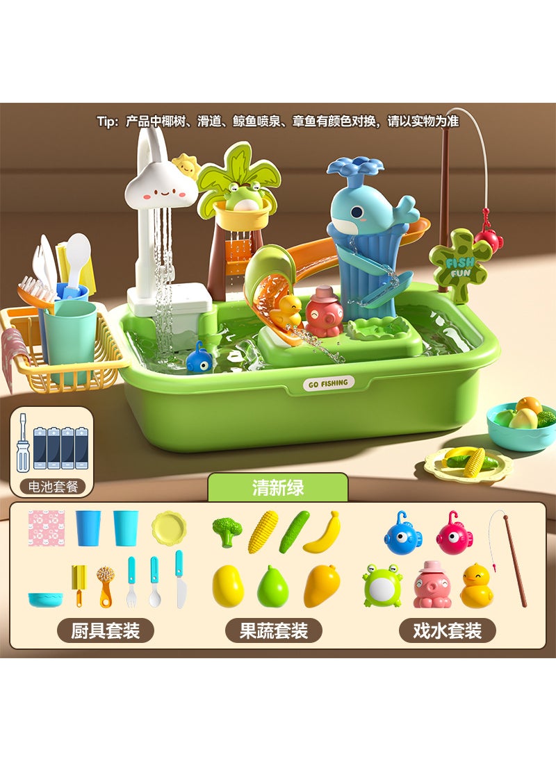 Kids Play Kitchen Sink Toy with Running Water Faucet *fun water dishwasher (green) battery version