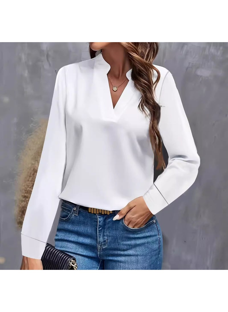 2024 Casual Solid V-Neck Loose Shirt for Women White