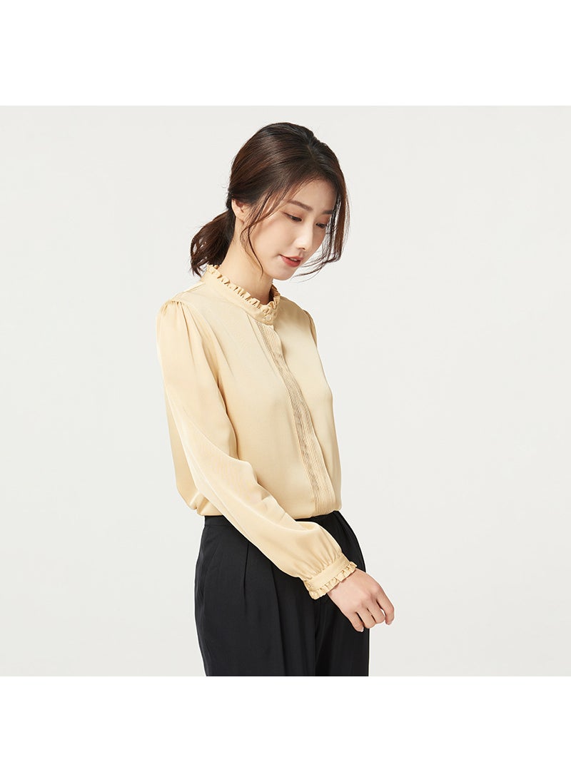 2024 Spring Autumn Silk Ruffle Collar Shirt for Women Yellow