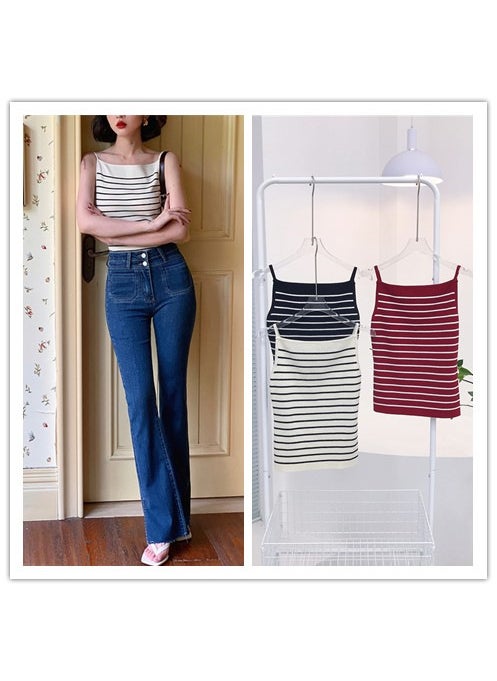 6263 Summer New Hong Kong Style Retro Style Striped One-character Collar Backless Slim-fit Display Camisole Top for Women Apricot