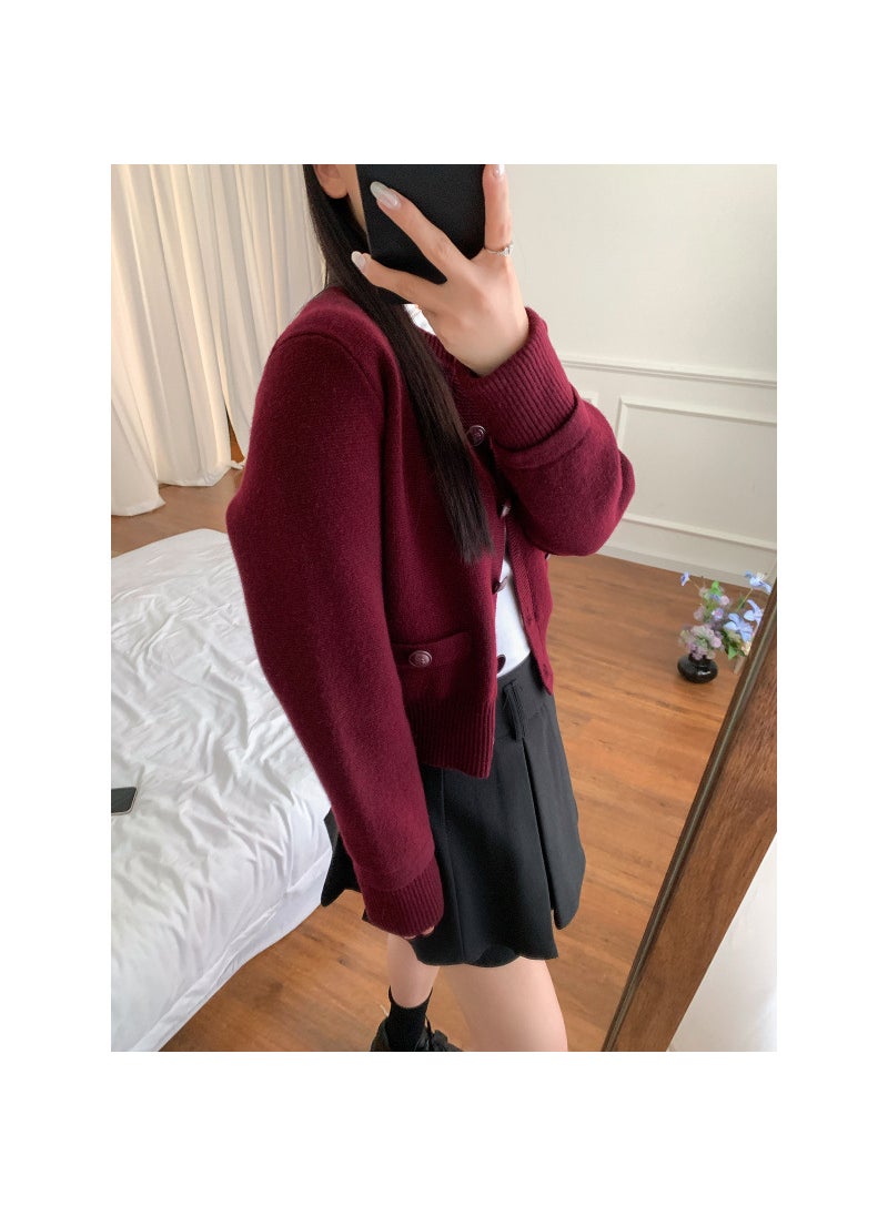 French Style Knit Cardigan Purple Crop Top Purple red