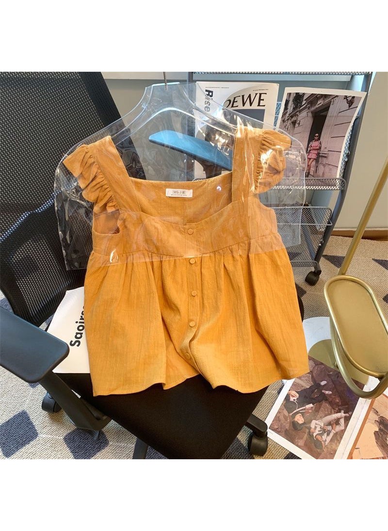 Chic Ruffled Square Neck Chiffon Top for Women Orange