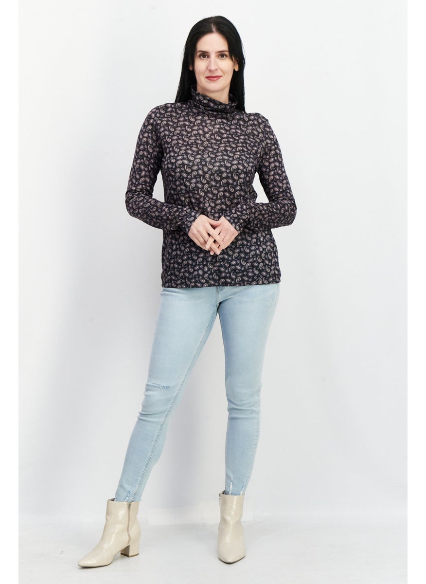 Women High Neckline Long Sleeve Allover Print Blouse, Navy Combo