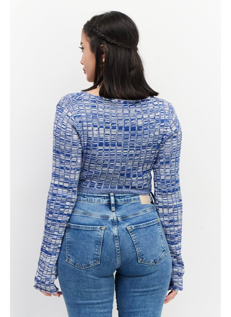 Women Tie Neck Long Sleeve Textured Top, Blue