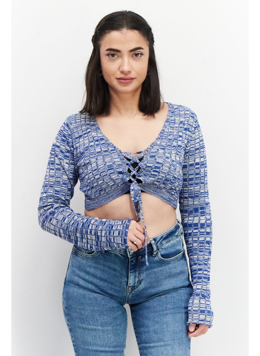 Women Tie Neck Long Sleeve Textured Top, Blue