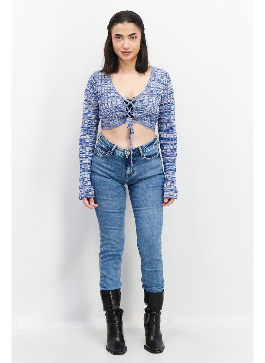 Women Tie Neck Long Sleeve Textured Top, Blue