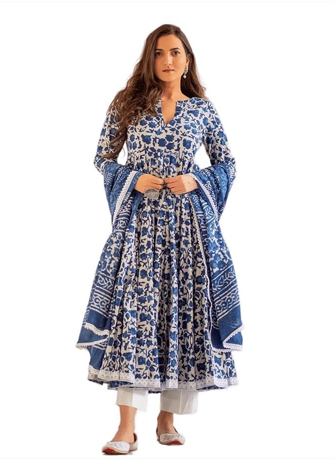 Women's Cotton Printed Anarkali Kurta With Palazzo & Dupatta Set Large Blue