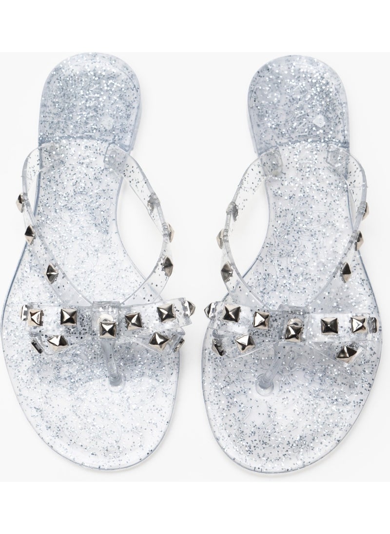 Echo Transparent Glittery Matte Stone Detail Bow Flat Sole Women's Slippers