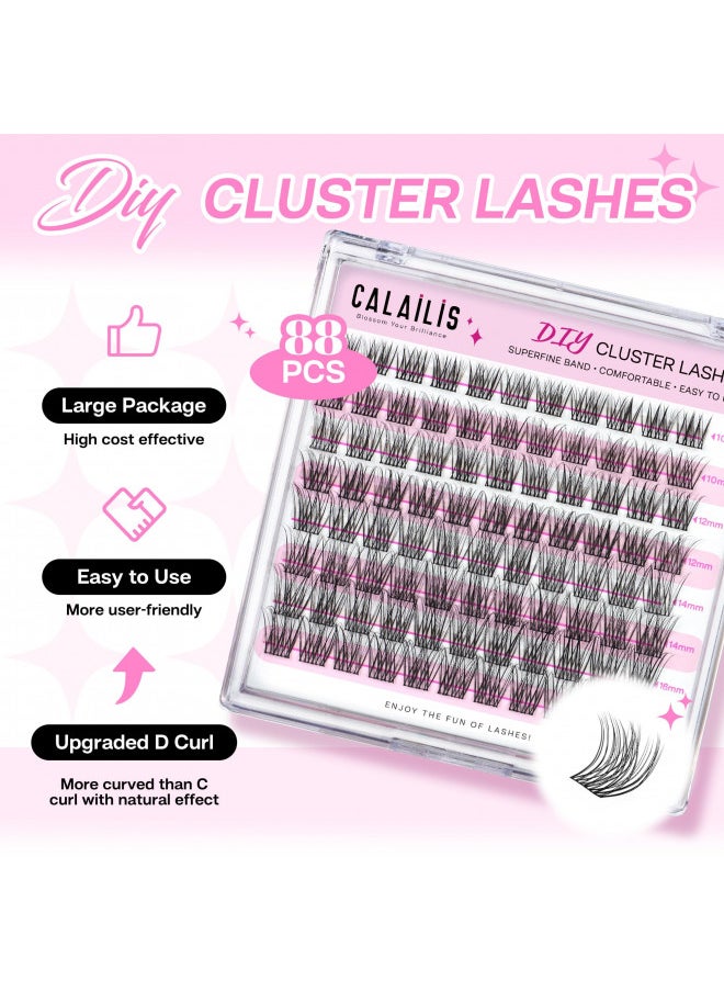 CALAILIS Lash Clusters DIY Lash Extensions 88Pcs D Curl Cluster Lashes Natural Look Eyelash Clusters Reusable Wispy Individual Lashes Super Thin Band and Soft (HD15, D-10-16MIX)