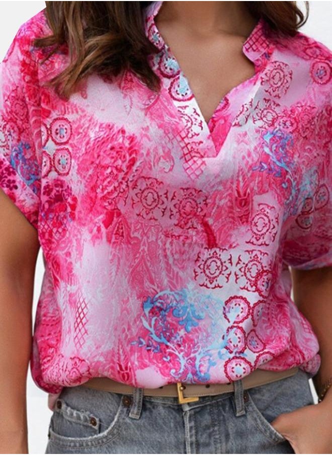 Rose Abstract Floral Print Notch V Neck Rolled Short Sleeve Top