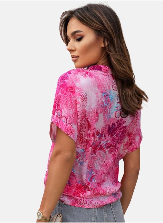 Rose Abstract Floral Print Notch V Neck Rolled Short Sleeve Top