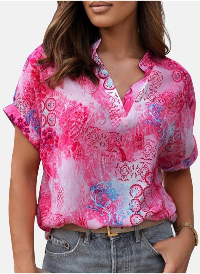 Rose Abstract Floral Print Notch V Neck Rolled Short Sleeve Top