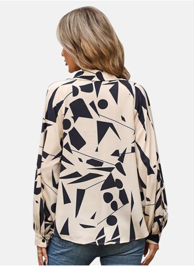 Pink Geometric Print Shirt Collar Top