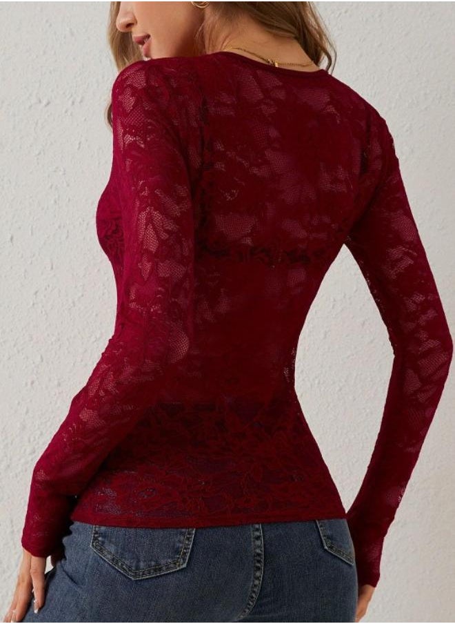 Maroon Nylon Printed Regular Top