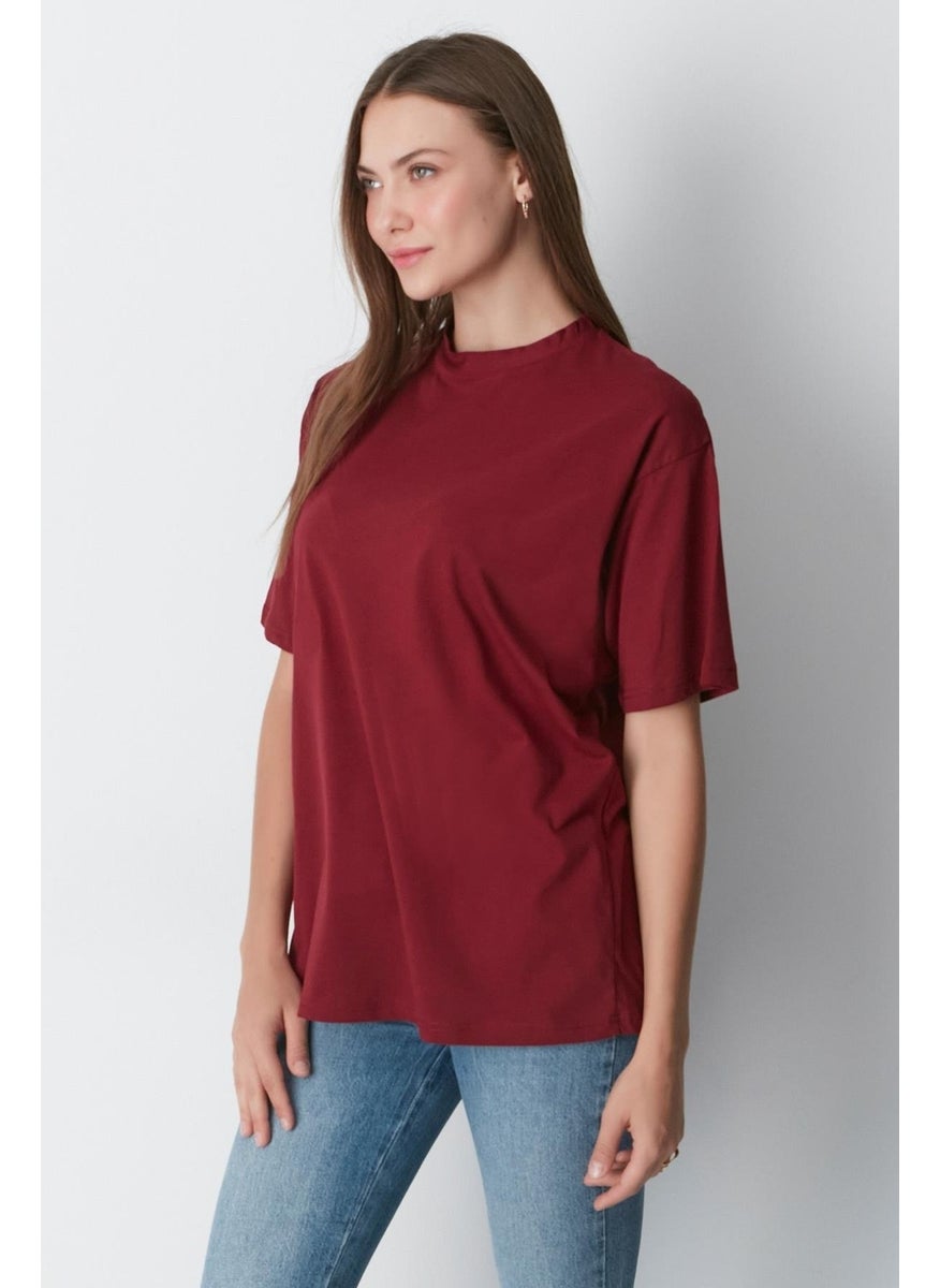 Crew Neck Short Sleeve 2-Piece Casual Basic T-Shirt 961 Claret Red/beige